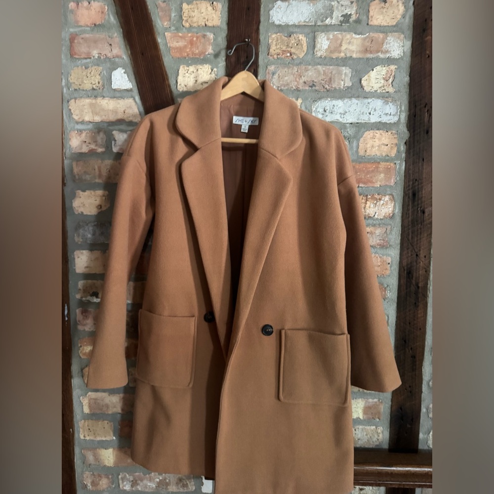 She + Sky Camel Knee-Length Trench Coat